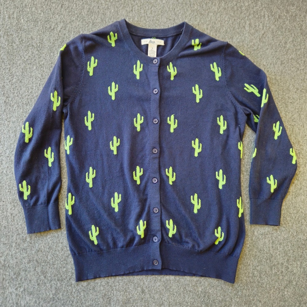 G. H. Bass Co. Navy CACTUS Button Front Cardigan Sz Small Western Preppy Novelty
